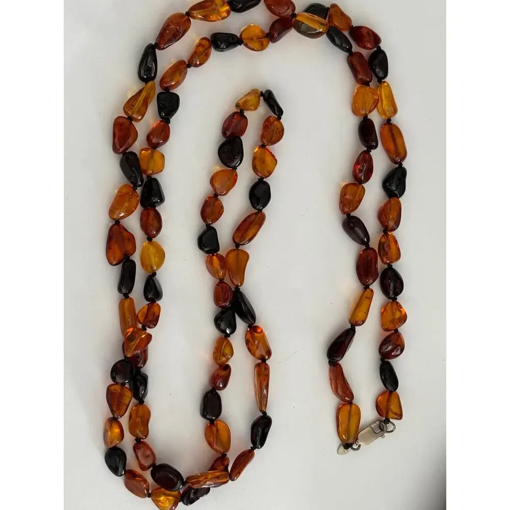 Vintage Amber Long Beaded Necklace Sterling Silver Clasp Signed ZIV 925 USA